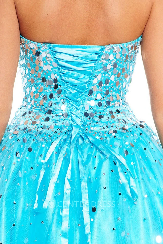 A-Line Sequined Strapless Sleeveless Floor-Length Tulle&Satin Prom Dress
