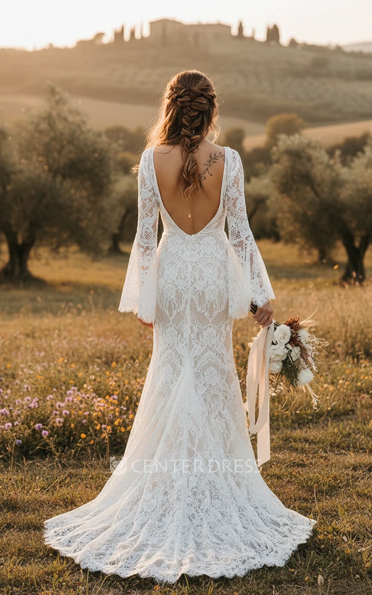 Bohemian Elegant Petal Plus Size Lace Long Sleeve Spring Wedding Dress