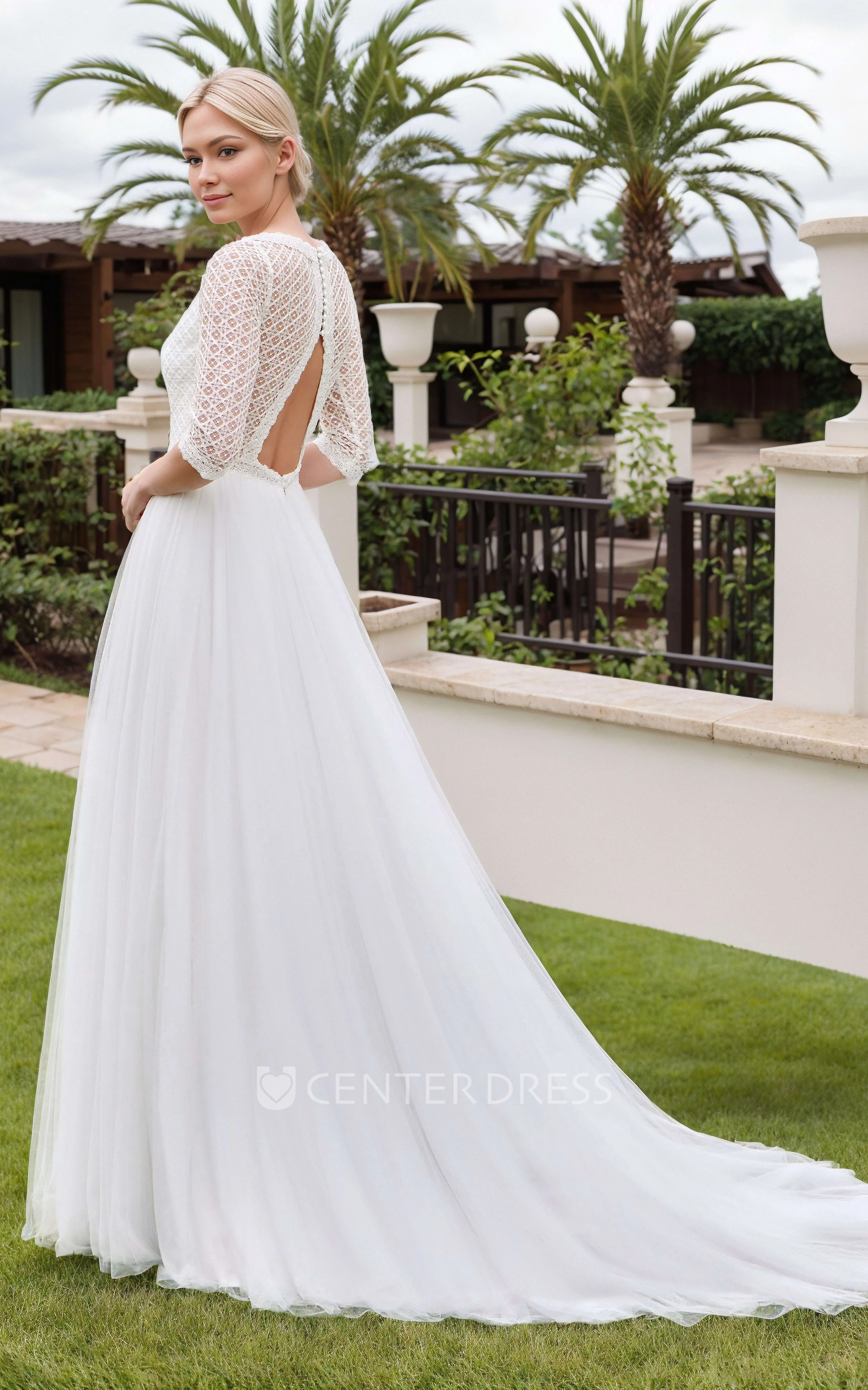 Elegant Floral Boho A-Line Lace Bateau Neckline Wedding Dress Modest Flowy Half Sleeve Button Back Tulle Bridal Gown with Train