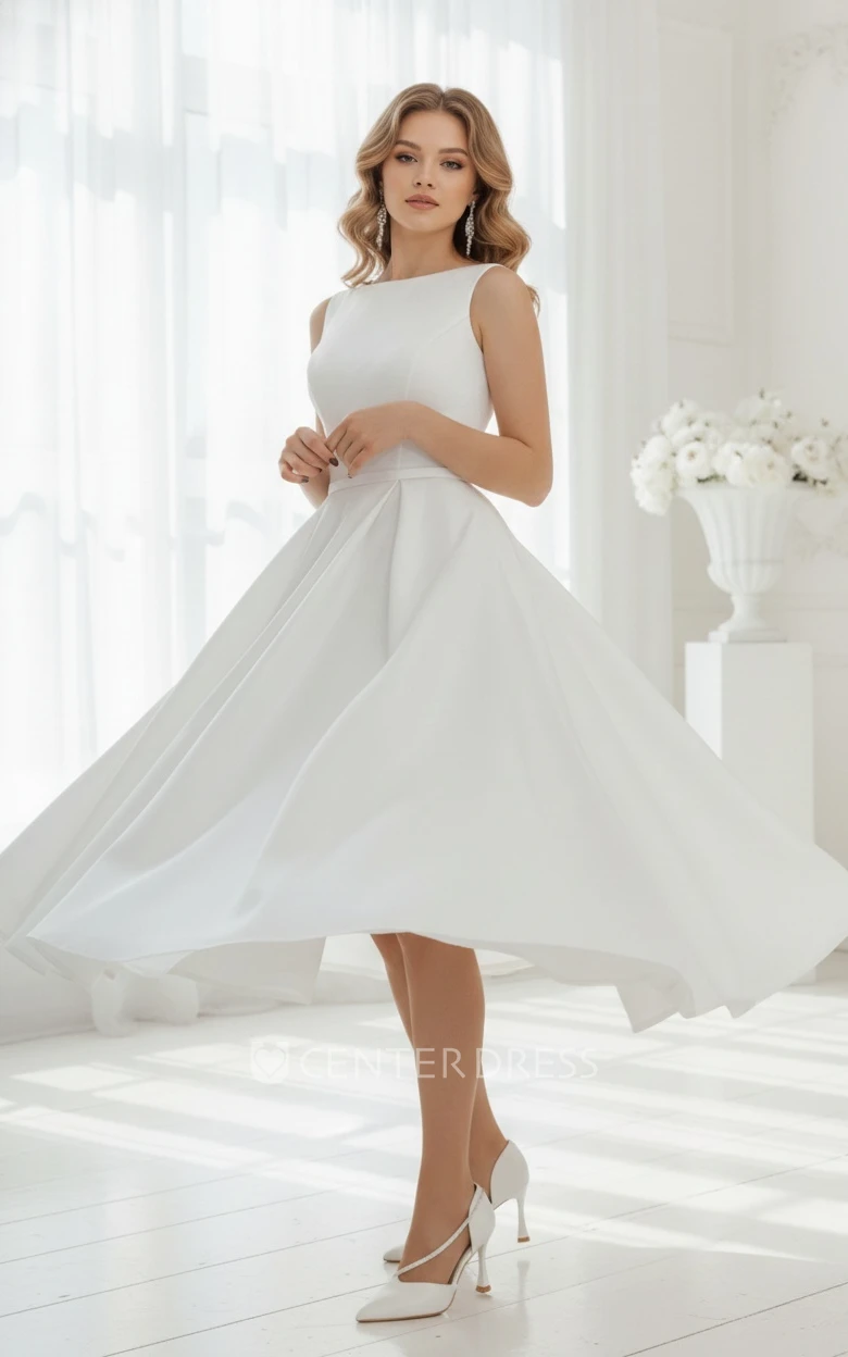 Modern Modest A-Line Short Midi Spring Wedding Dress Classic Simple High Neck Sleeveless Corset Back Sashed Bowed Reception Bridal Gown