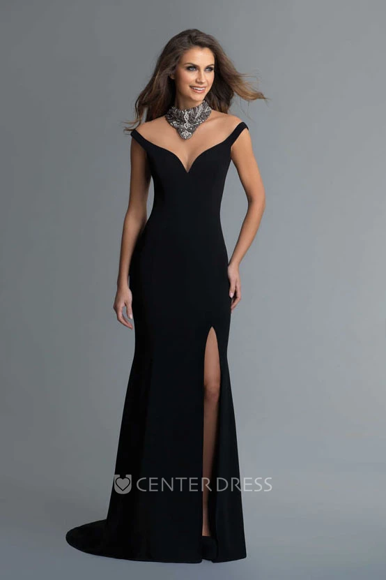 Sheath Long V-Neck Sleeveless Jersey Illusion Dress With Split Front