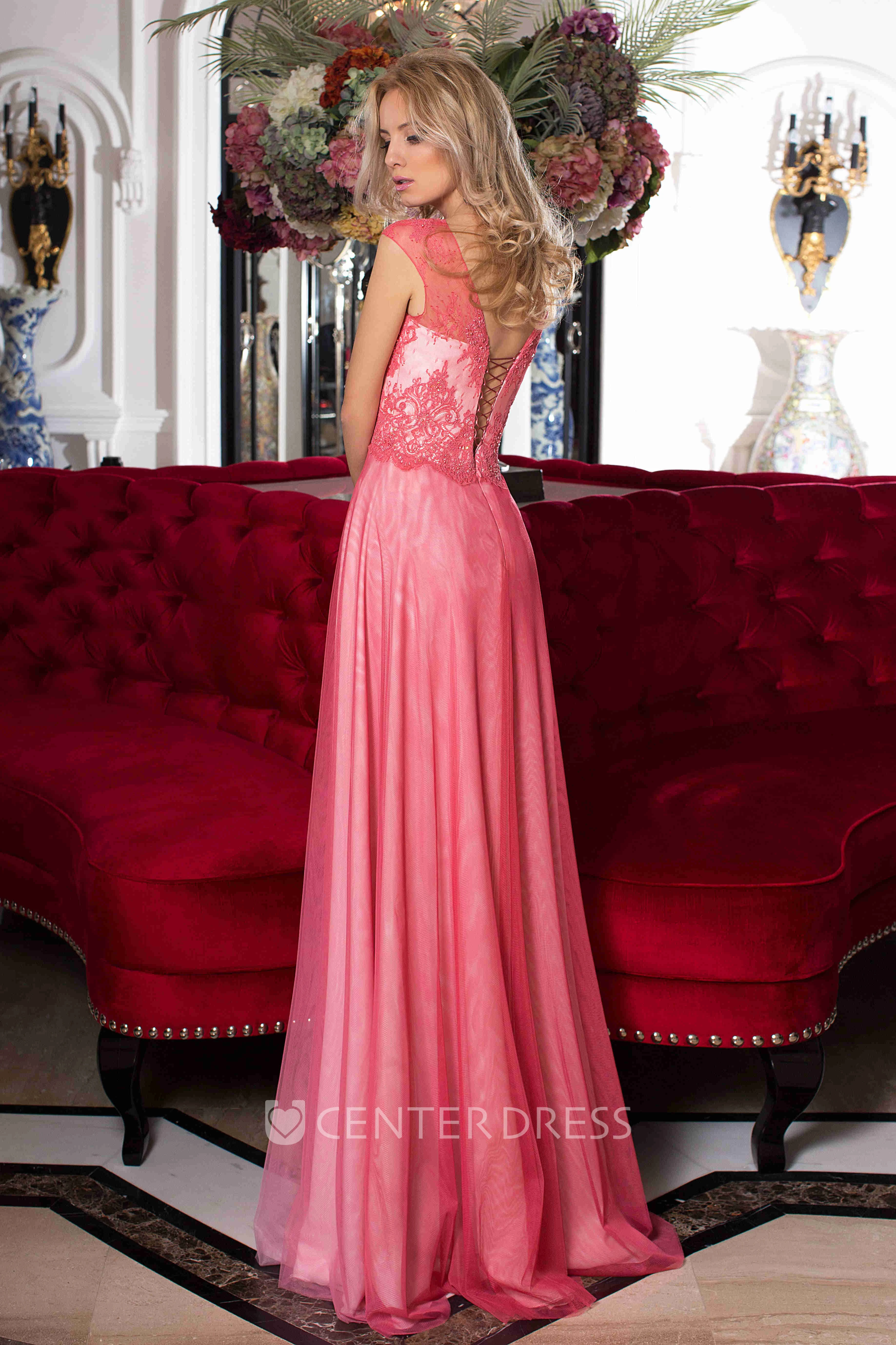 A-Line Floor-Length Scoop Sleeveless Tulle Lace Pleats Low-V Back Dress