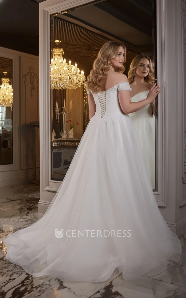 Simple Ethereal Plus Size A-Line Mature Wedding Dress Modern Flowy Off-the-Shoulder Ruffle Beading Ruching Bridal Gown