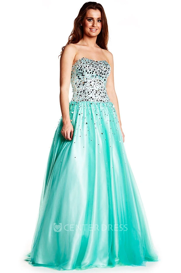 A-Line Sleeveless Beaded Strapless Floor-Length Tulle&Satin Prom Dress With Bow