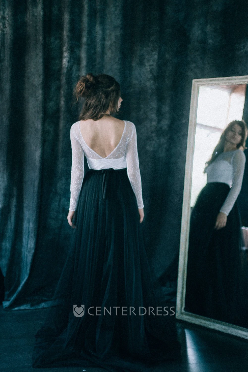 Sheath Long Sleeve Floor-length Bateau Deep-V Back Lace Pleats Black Wedding Dress