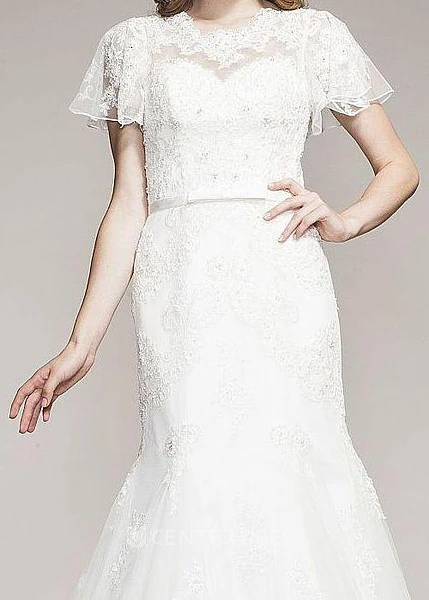 Mermaid Short-Sleeve Caped Floor-Length Lace&Tulle Spring Wedding Dress With Appliques And Beading