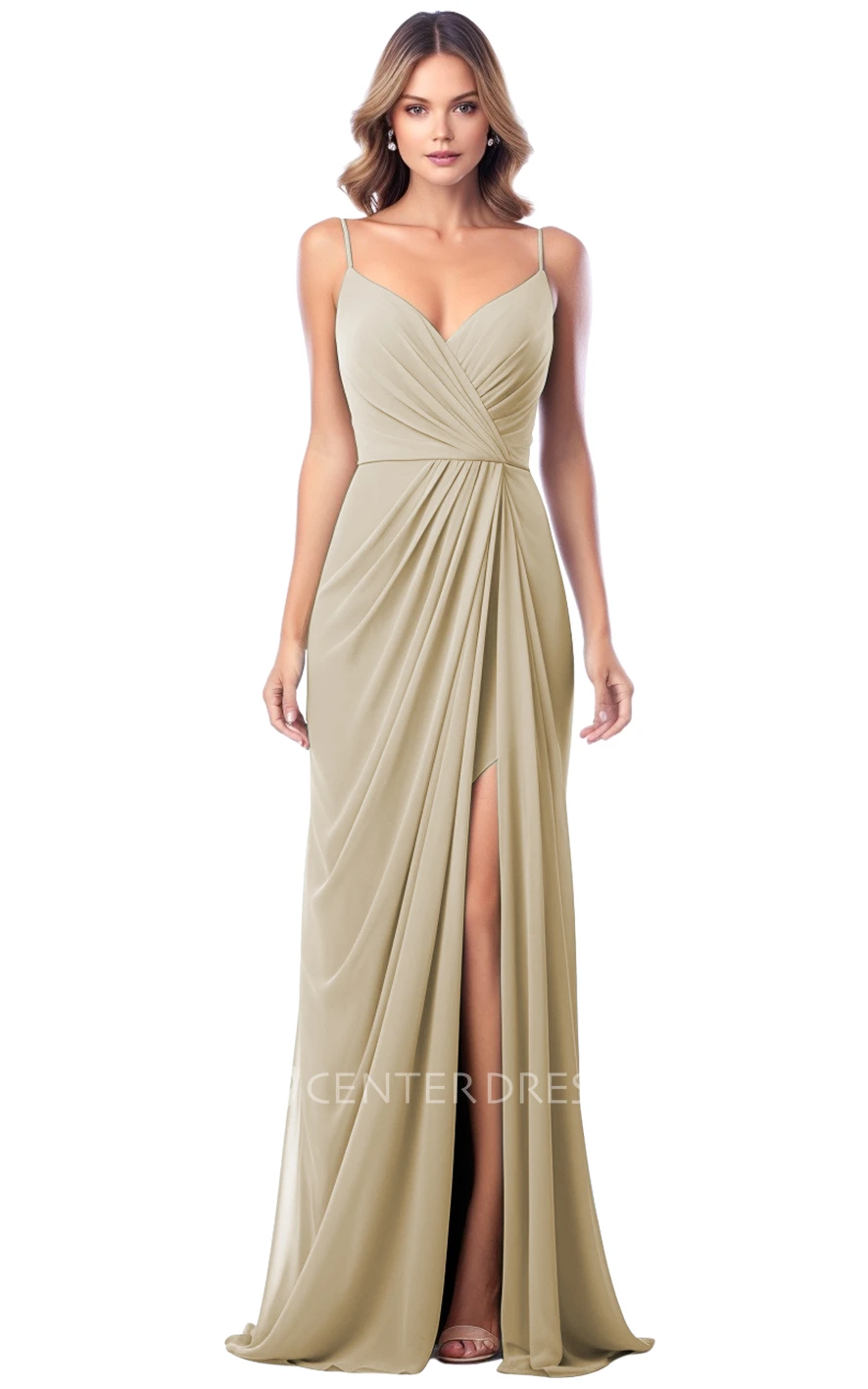 A-Line Satin V-neck Split Bridesmaid Dress Simple & Elegant