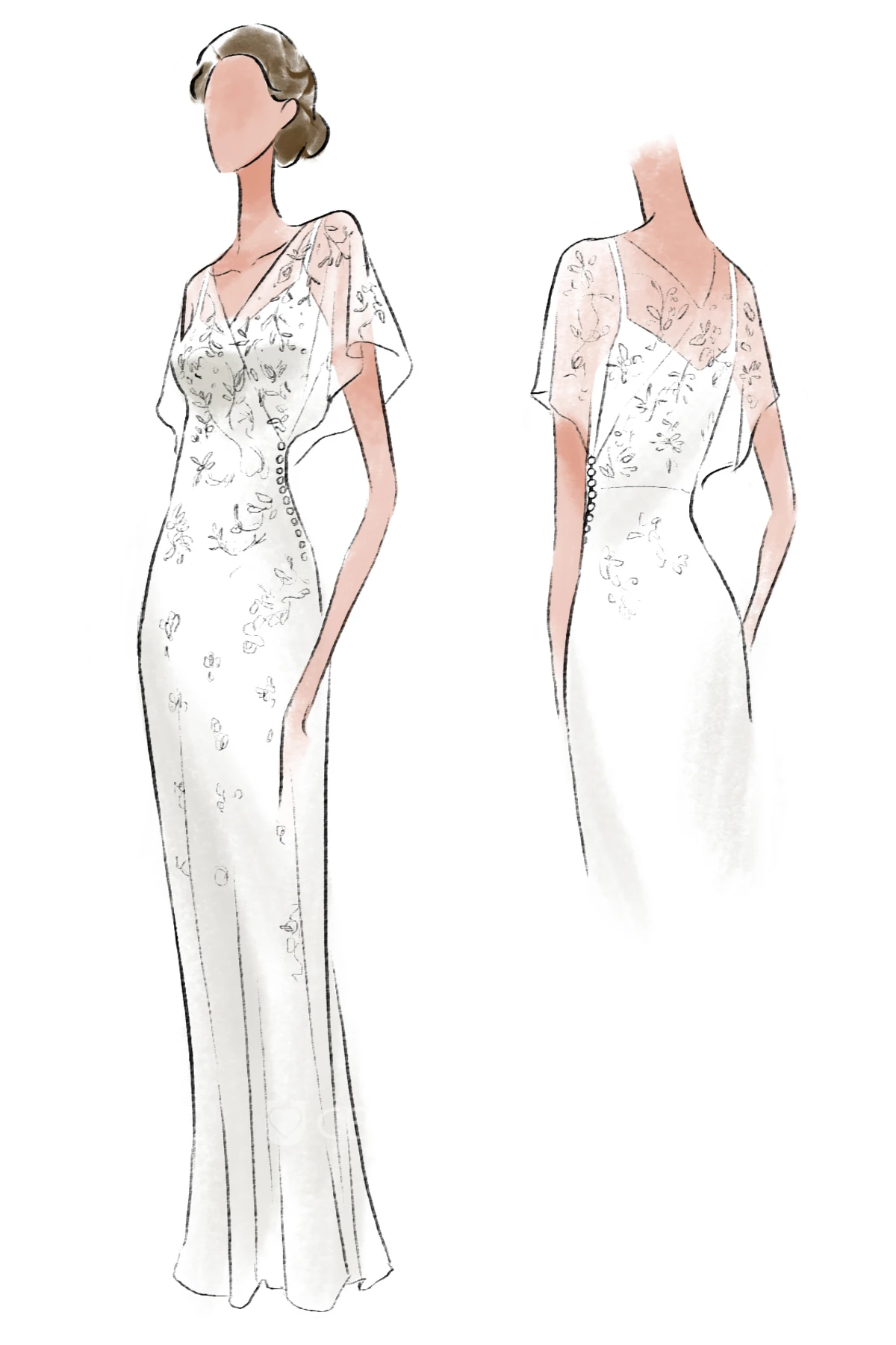 Graceful V-Neck V-Back Side Button Decorated Dress With Butterfly Sleeves