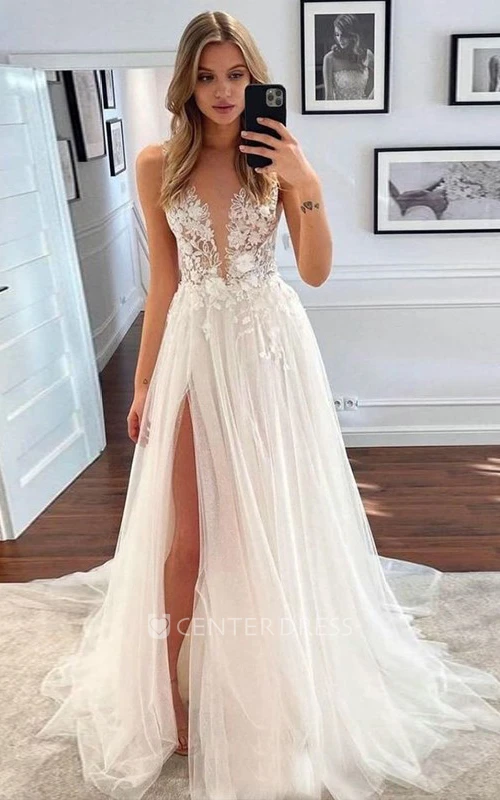 A-Line Tulle Wedding Dress with Plunging Neckline and Sleeveless Design Country Garden