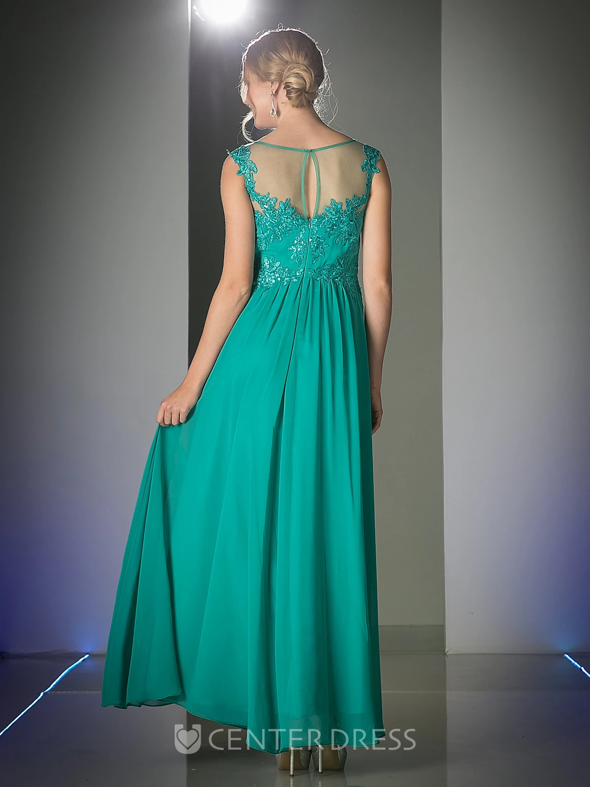 Sheath Ankle-Length Scoop-Neck Sleeveless Chiffon Illusion Dress With Appliques
