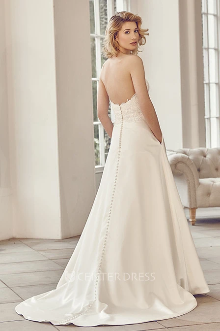 Sweetheart Long Appliqued Taffeta Wedding Dress With Court Train And V Back