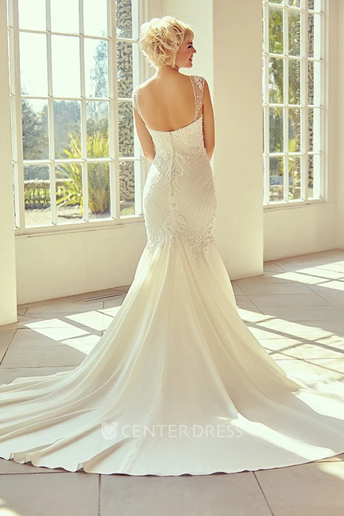 Floor-Length Sweetheart Cap-Sleeve Beaded Chiffon Wedding Dress With Court Train