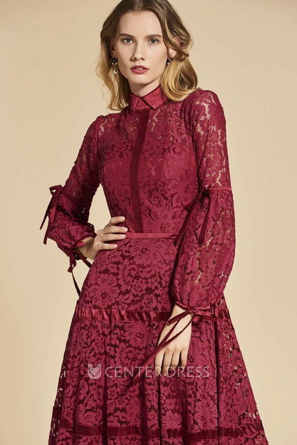 3/4 Sleeve Bow Appliqued High Neck Vintage Lace Sheath Dress