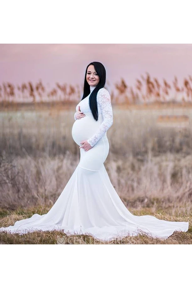 Mermaid Trumpet Sweep Brush Train Long Sleeve Empire Maternity Wedding Dress