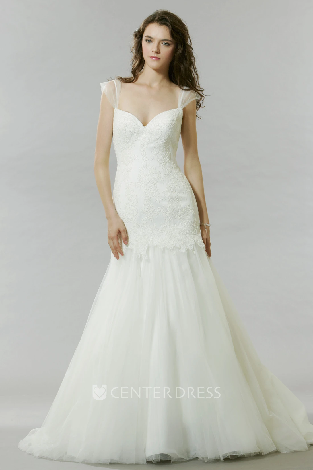Trumpet Long Cap-Sleeve Lace Tulle Wedding Dress With Low-V Back And Flower