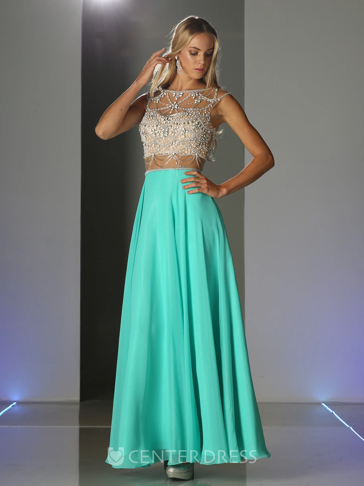 A-Line Bateau Sleeveless Chiffon Keyhole Dress With Beading And Pleats