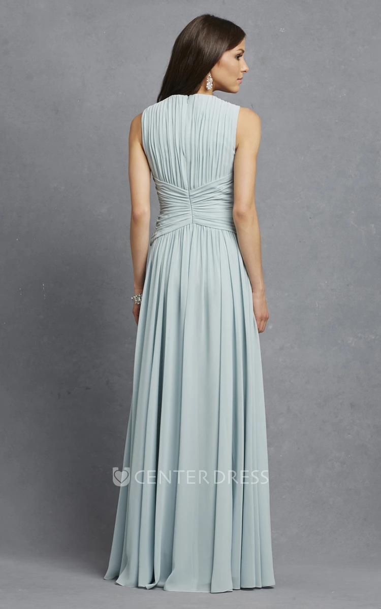 Sleeveless Chiffon V-Neck Dress With Crisscross Ruching
