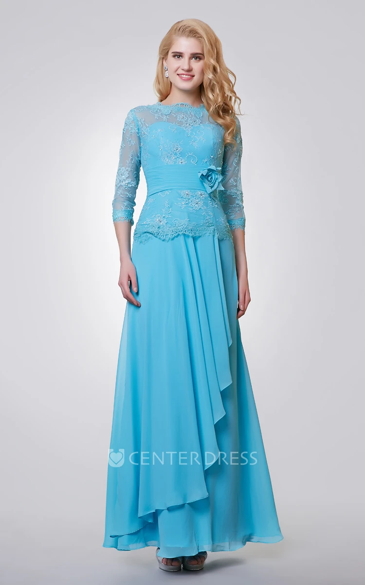 3 4 Length Sleeve Long Chiffon and Lace Dress With Side Draping
