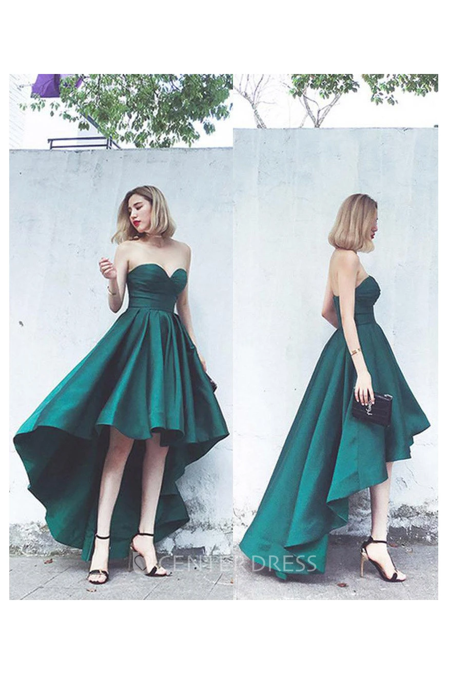 Sexy Sweetheart Strapless Satin High-Low Lace-up Gown with Ruching