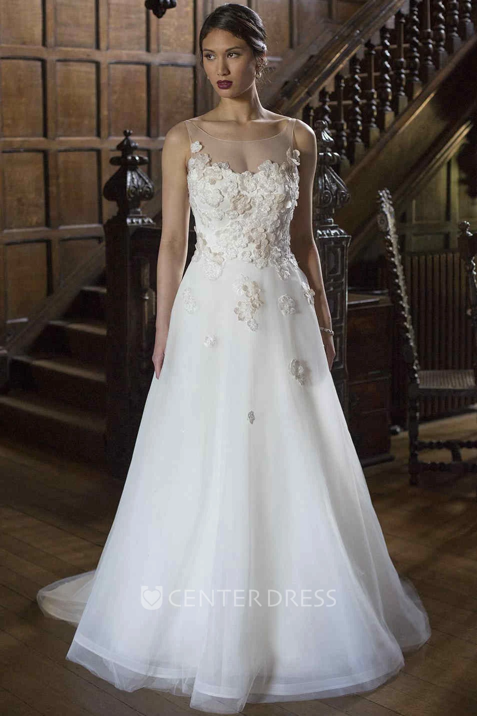 A-Line Sleeveless Bateau-Neck Floral Floor-Length Organza&Tulle Wedding Dress With Appliques