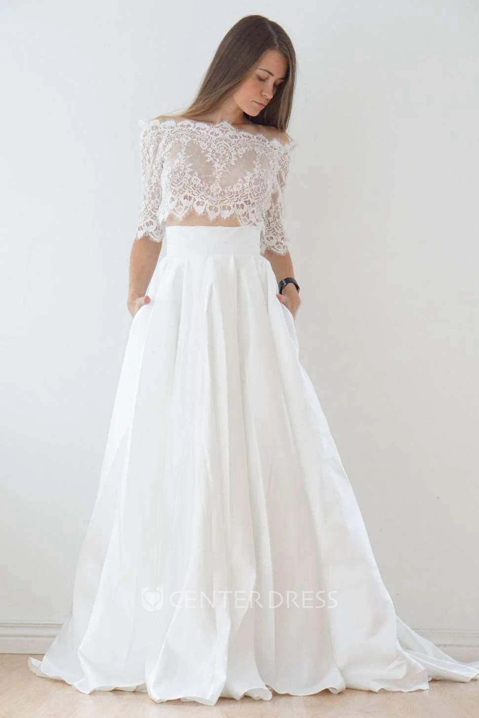 Off-The-Shoulder Lace A-Line Satin Two-Piece Spring Wedding Dress With Sweep Train