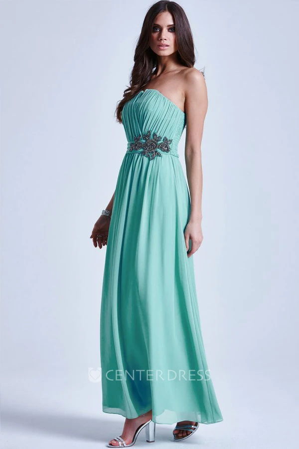 A-Line Notched Ruched Ankle-Length Sleeveless Chiffon Bridesmaid Dress With Waist Jewellery