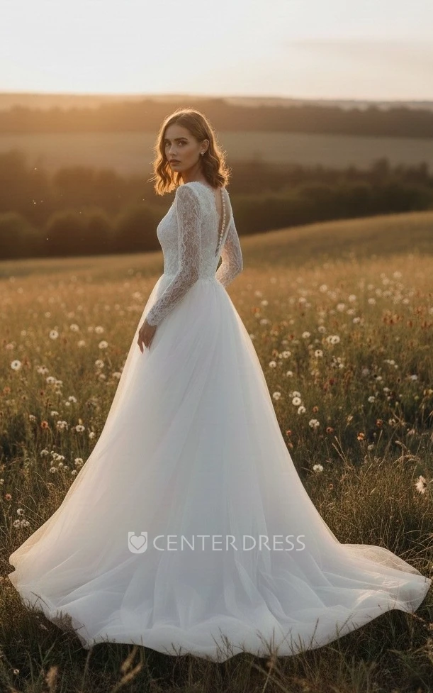 Romantic V-Neck A-Line Lace Warm Wedding Dress with Long Sleeves and Court Train Elegant Garden Gown
