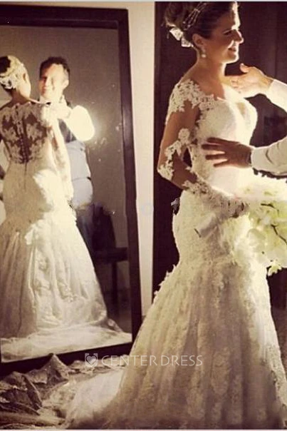 Sexy Long Sleeve Mermaid Lace Wedding Gown With Deep-v Neckline