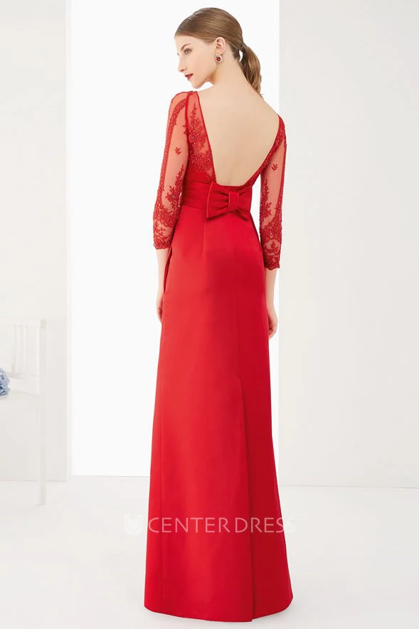 Sheath 3-4-Sleeve Floor-Length Appliqued Bateau-Neck Satin Prom Dress With Bow