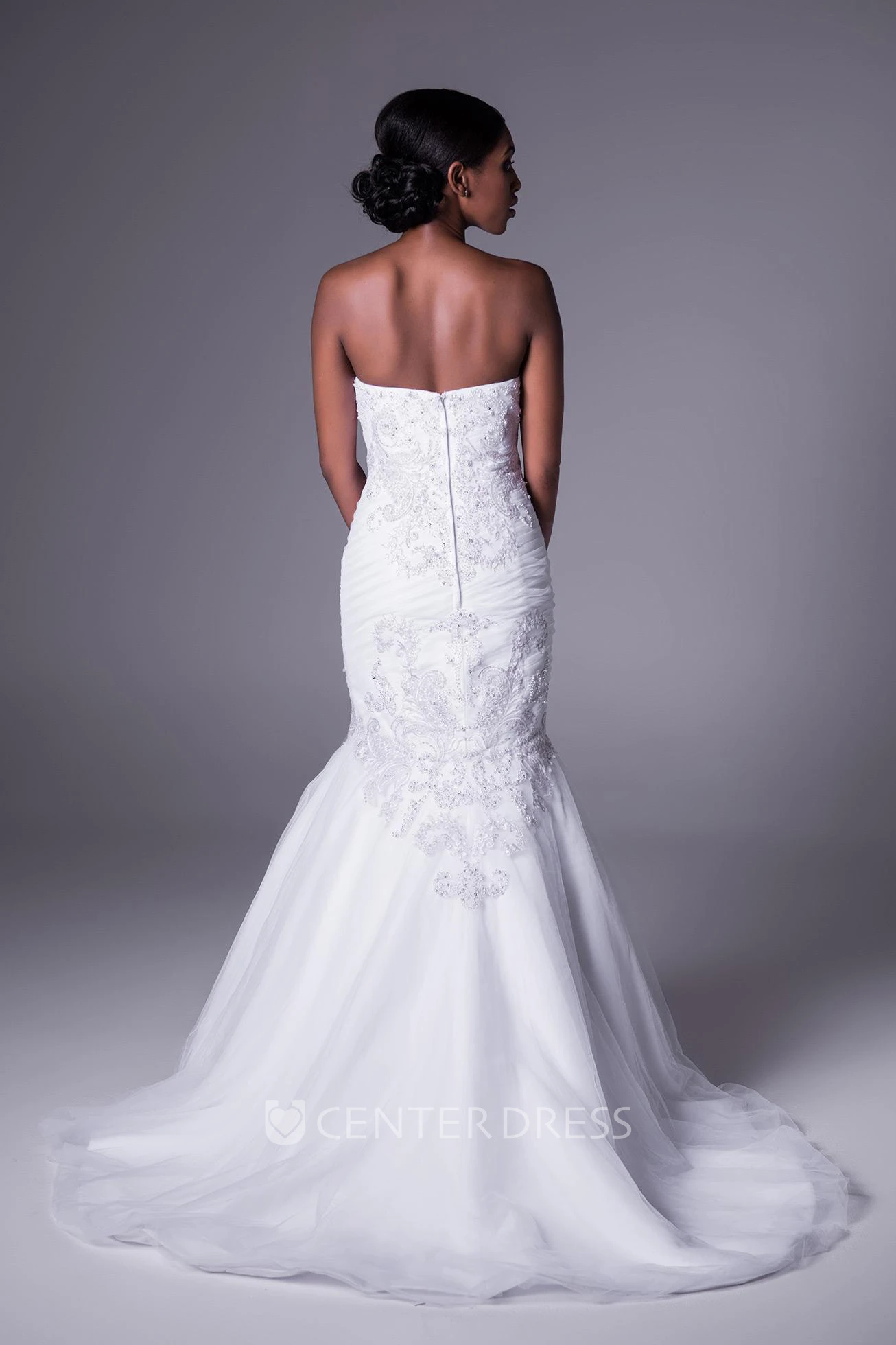 Mermaid Beaded Strapless Floor-Length Sleeveless Tulle&Satin Spring Wedding Dress With Ruching