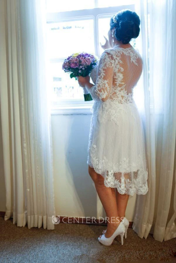 A Line V-neck Lace Zipper Spring Wedding Dress
