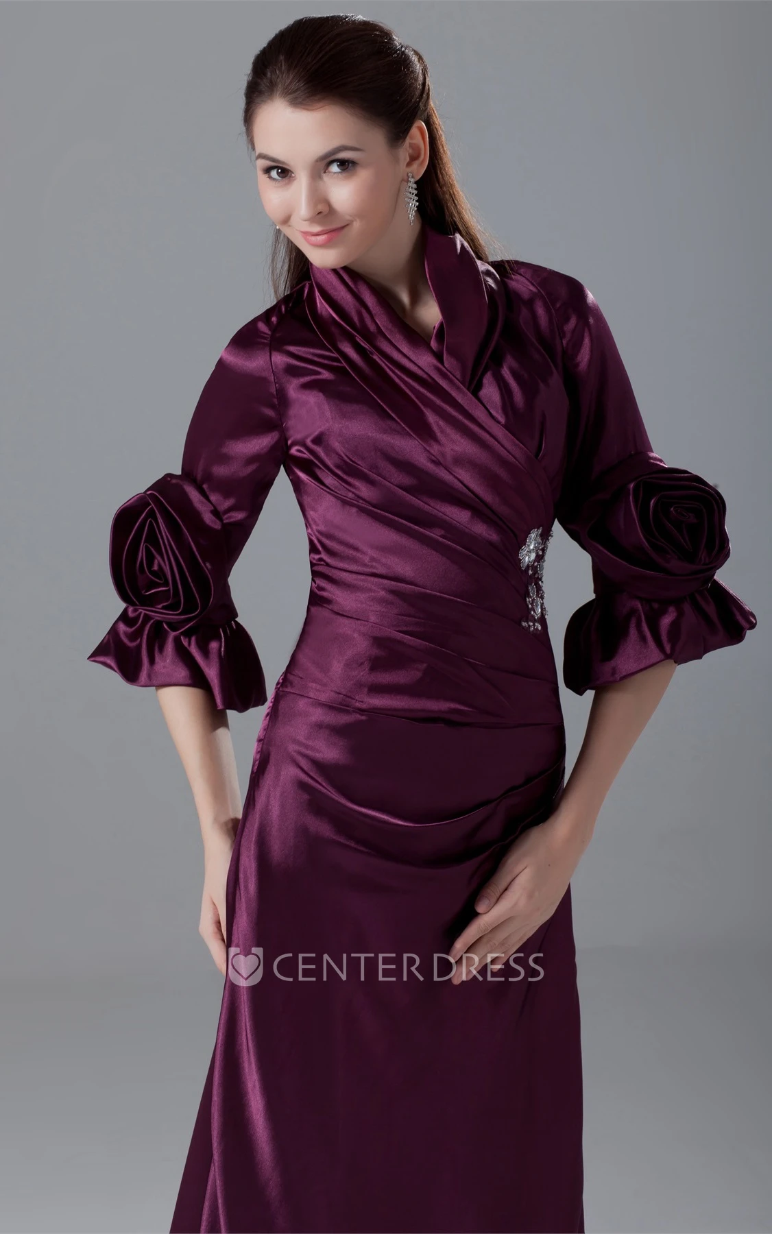 Modest Long-Sleeve Side-Ruched Formal Gown with Beading and Flower