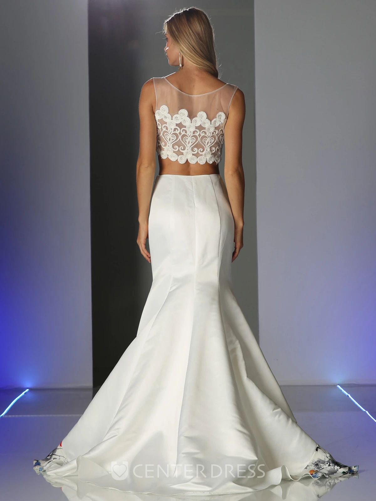 Two-Piece Trumpet Bateau Sleeveless Satin Illusion Dress With Appliques And Cascading Ruffles