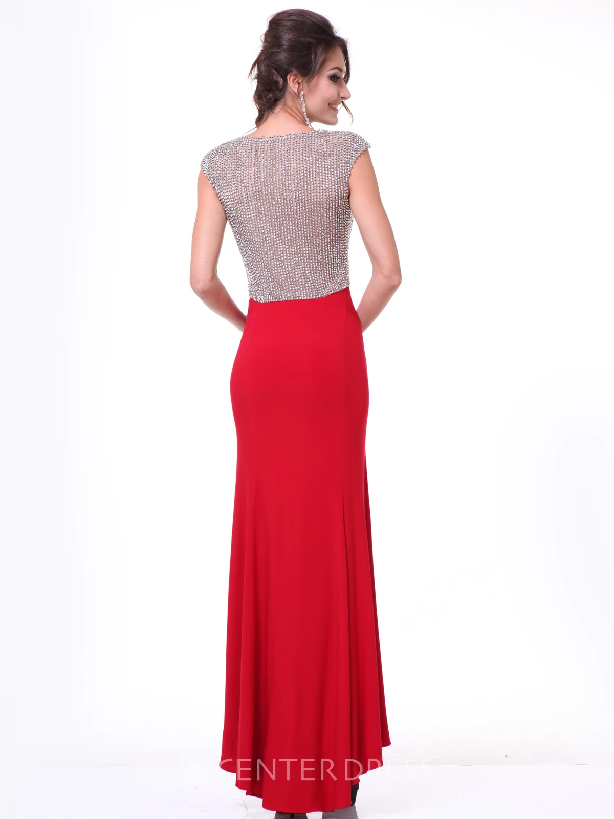 Sheath Floor-Length Scoop-Neck Cap-Sleeve Jersey Dress With Beading