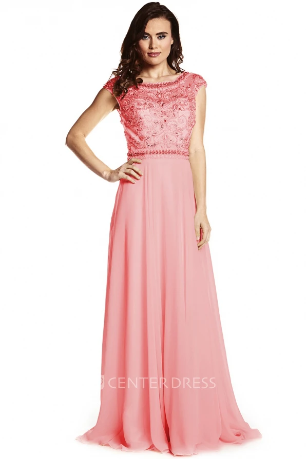 Sheath Cap-Sleeve Floor-Length Scoop-Neck Beaded Prom Dress