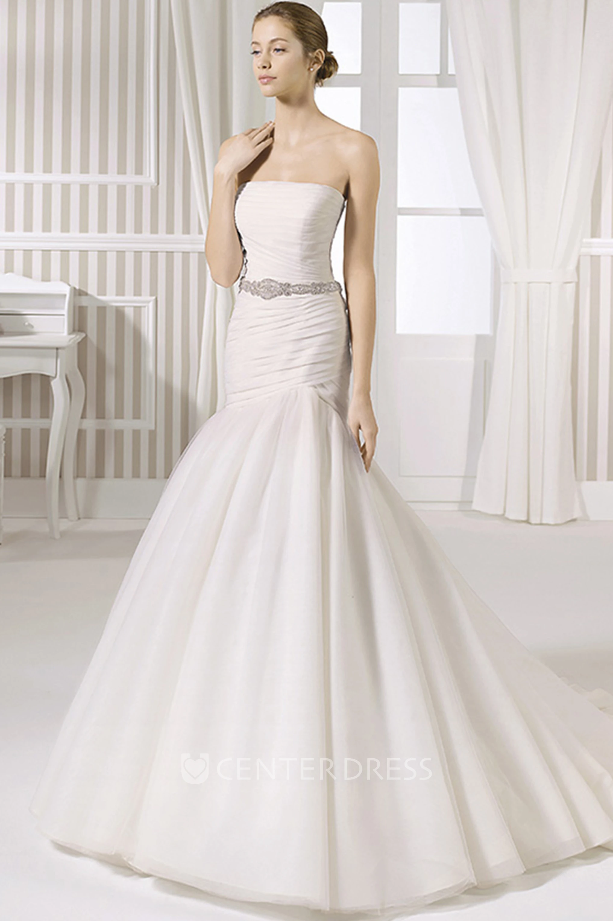 A-Line Strapless Floor-Length Jeweled Sleeveless Tulle&Satin Wedding Dress With Ruching And Backless Style