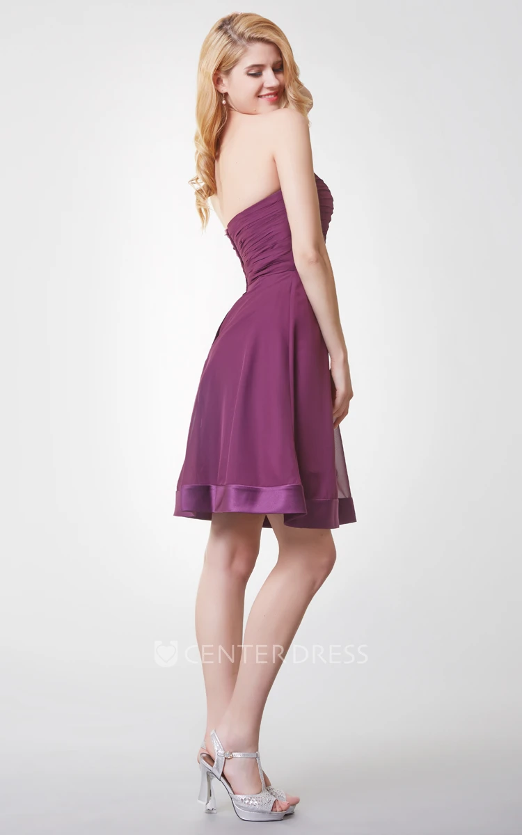 Strapless Pleated A-line Chiffon Dress With Flower Detailing