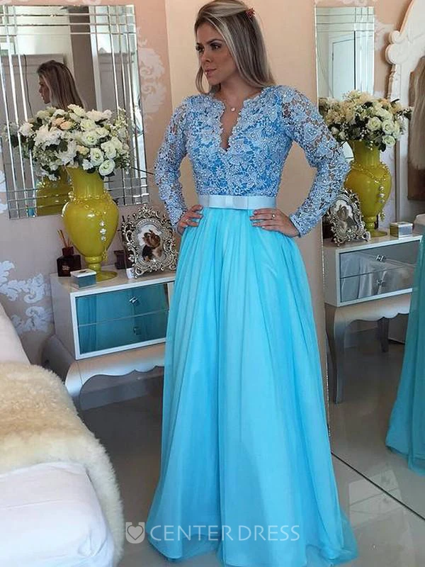 A-Line Princess Long Sleeves V-neck Tulle Applique Floor-Length Dresses