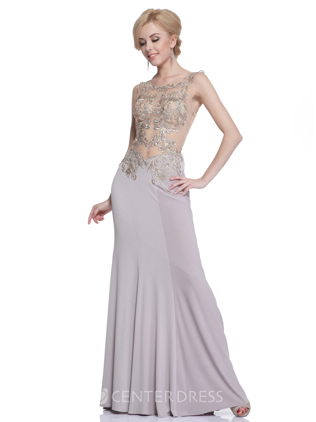 Sheath Scoop-Neck Sleeveless Jersey Illusion Dress With Beading And Embroidery