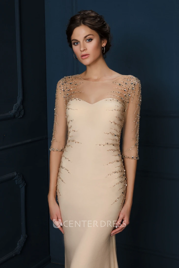 Sheath Long-Sleeve Long Scoop-Neck Beaded Tulle&Jersey Evening Dress