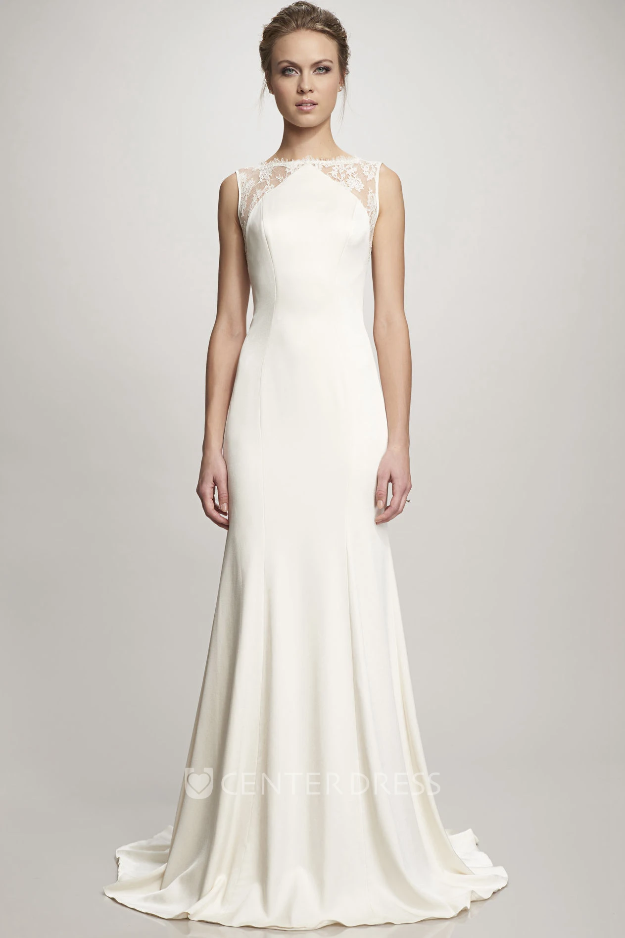 A-Line Sleeveless Floor-Length Lace Satin Wedding Dress With Illusion Back And Sweep Train