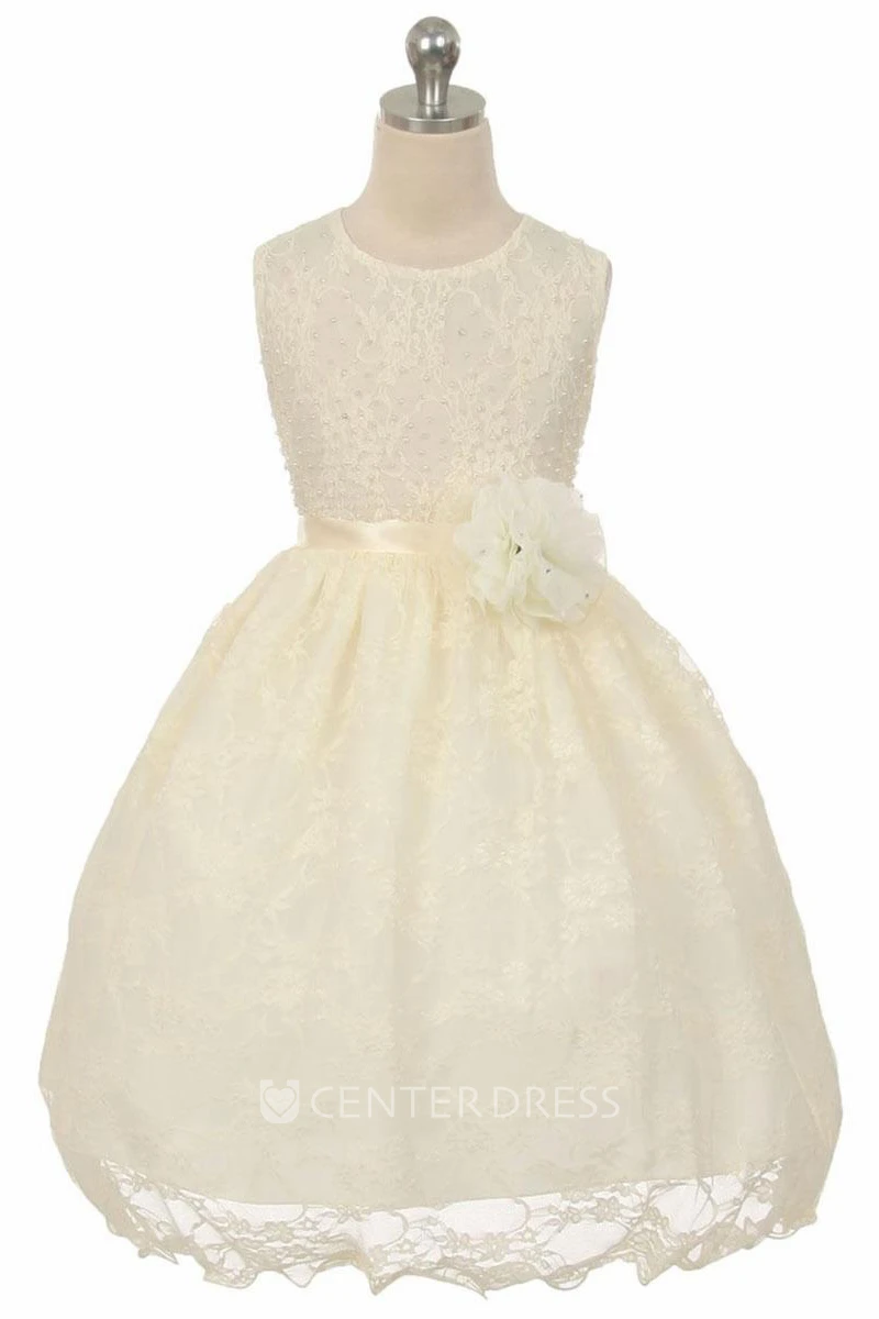 Tea-Length Beaded Floral Lace&Satin Flower Girl Dress With Sash
