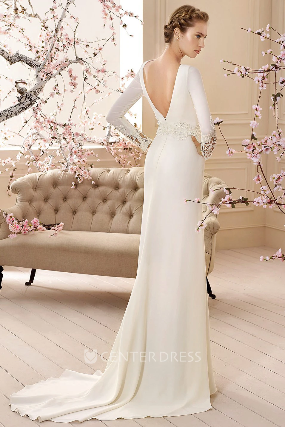 Floor-Length High-Neck Long-Sleeve Appliqued Jersey Wedding Dress