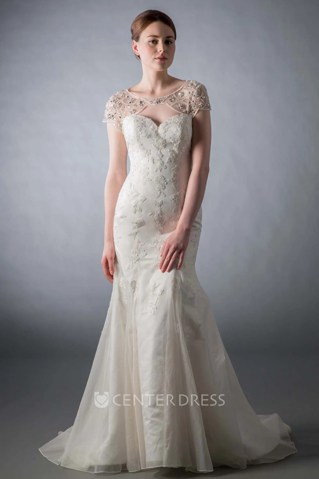 Mermaid Scoop-Neck Cap-Sleeve Beaded Tulle&Lace Wedding Dress With Keyhole