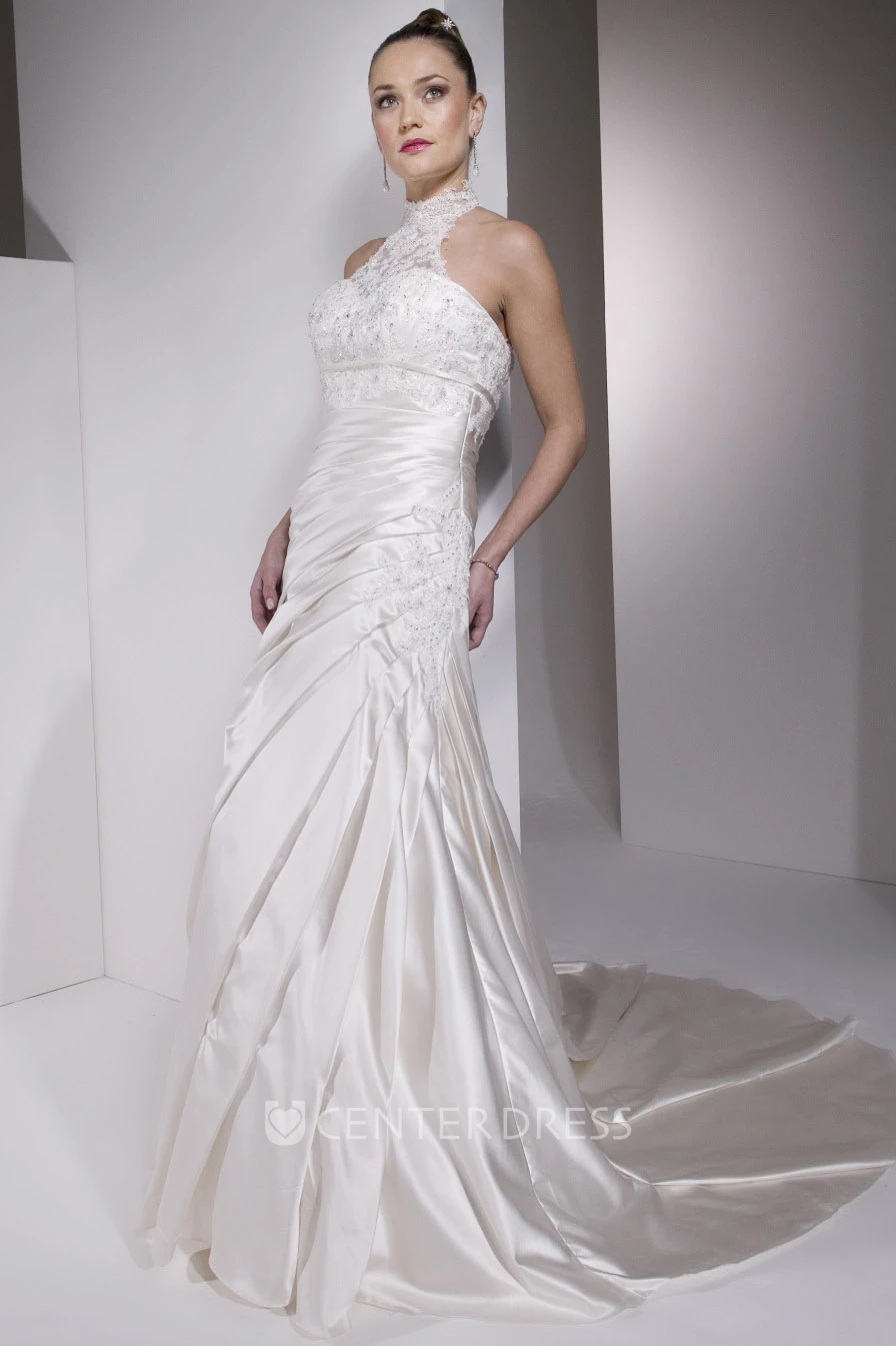 Sheath Sleeveless High Neck Floor-Length Side-Draped Satin Spring Wedding Dress With Illusion Back And Appliques