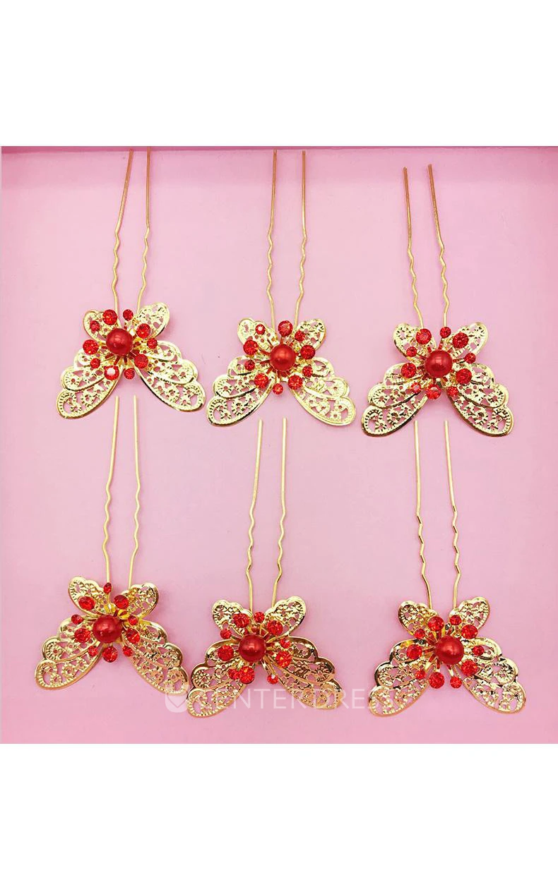 Bride Red Headdress Hair Ornaments Chinese Cheongsam Wedding Accessories Plate Hairpin U-Shaped Clip