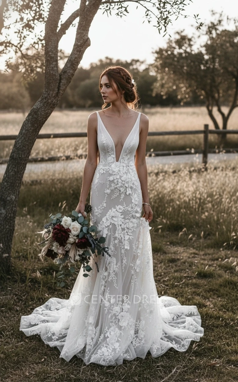Gorgeous Lace Petals Mermaid Sexy V-Neck Straps Sleeveless Backless Illusion Country Long Trailing Spring Wedding Dress
