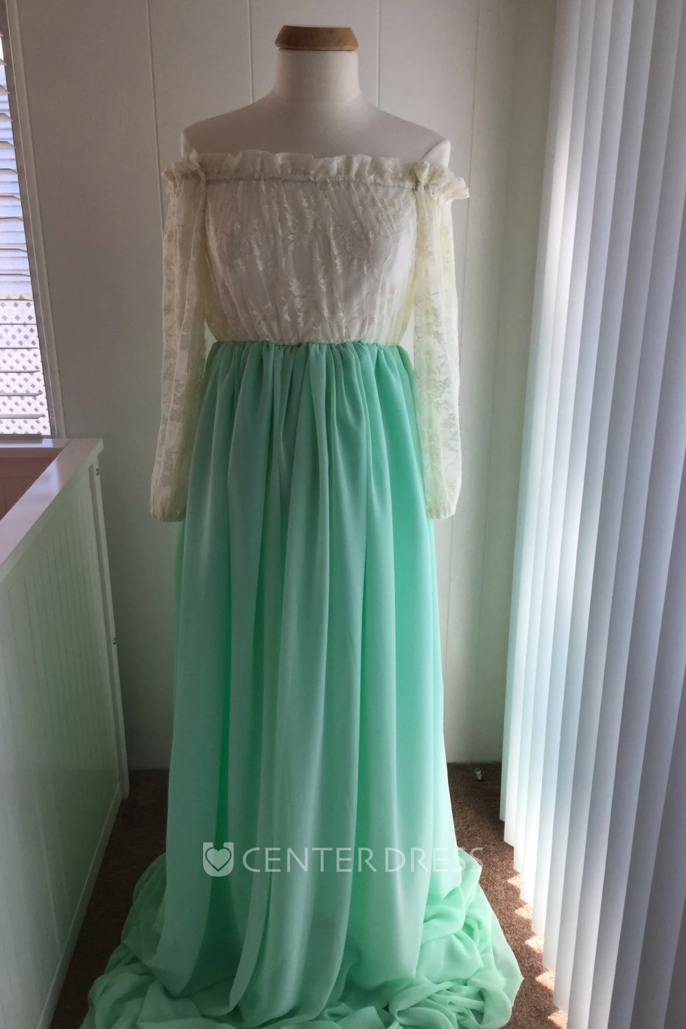 A-line Chiffon Lace Off-the-shoulder Long Sleeve Pleated Ruched Maternity Dress