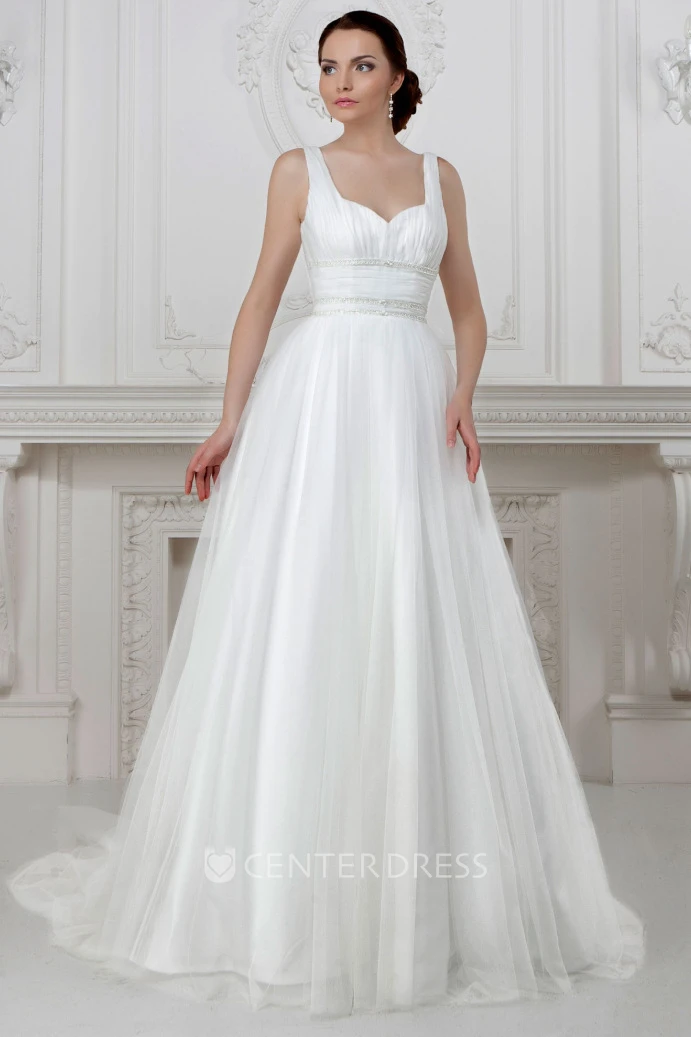A-Line Floor-Length Ruched Sleeveless Strapped Tulle&Satin Wedding Dress With Beading