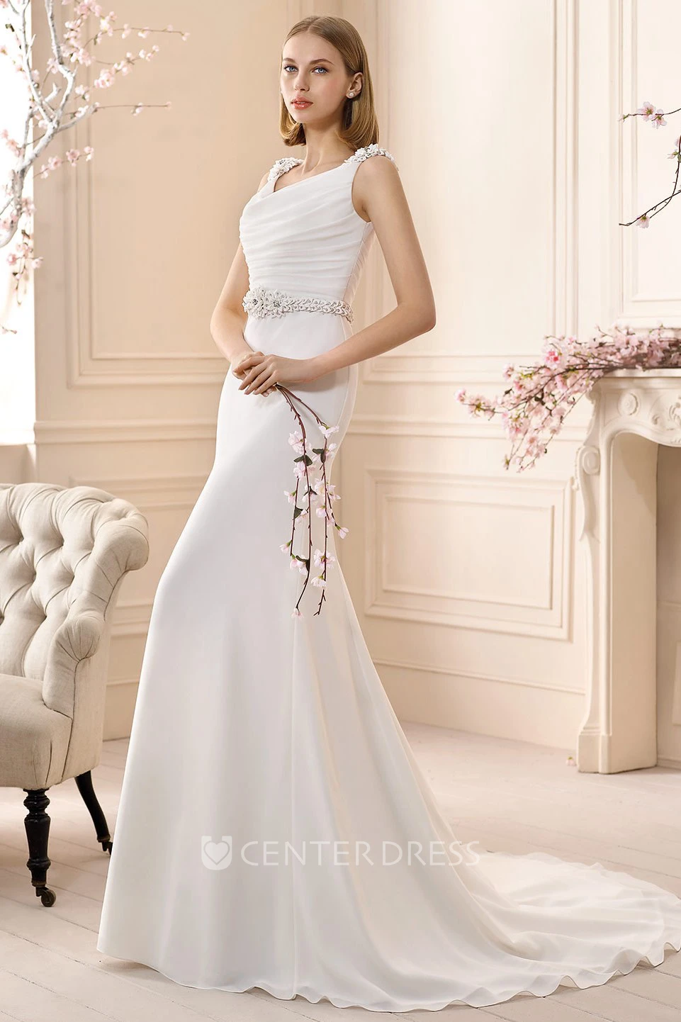 Sheath Long Floral Cowl-Neck Sleeveless Chiffon Wedding Dress With Beading